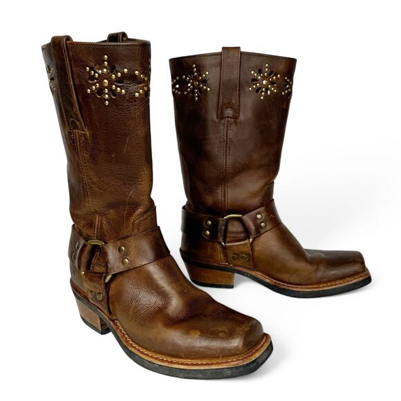 Frye Harness Boots Brown Leather Square Toe Biker Moto Boots Womens size 6 - Picture 3 of 13